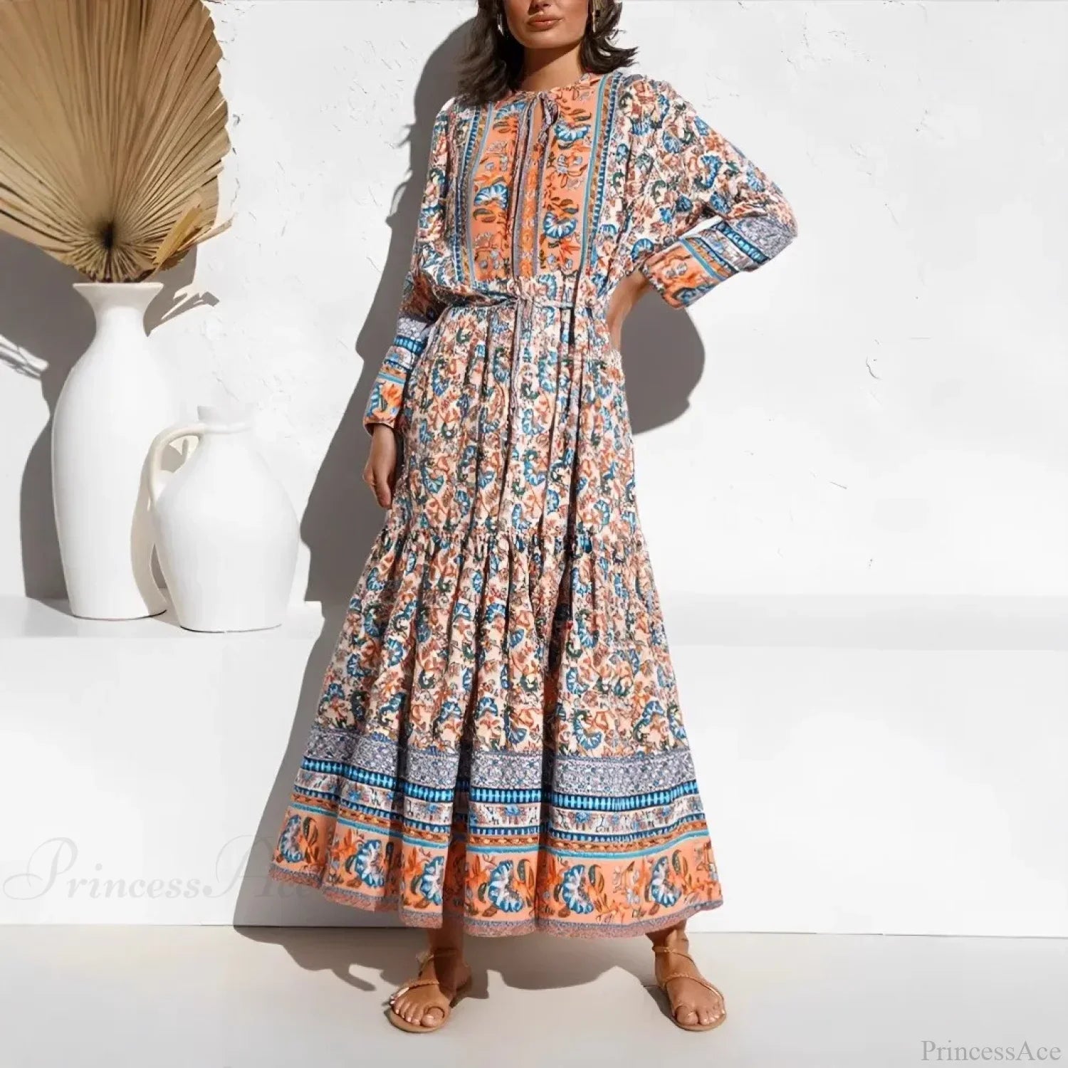 Elegant Floral Lace-up Tassel Rayon Maxi Boho Sundress