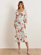 Elegant Floral Midi Puff Sleeve Square Neck Floral Dress