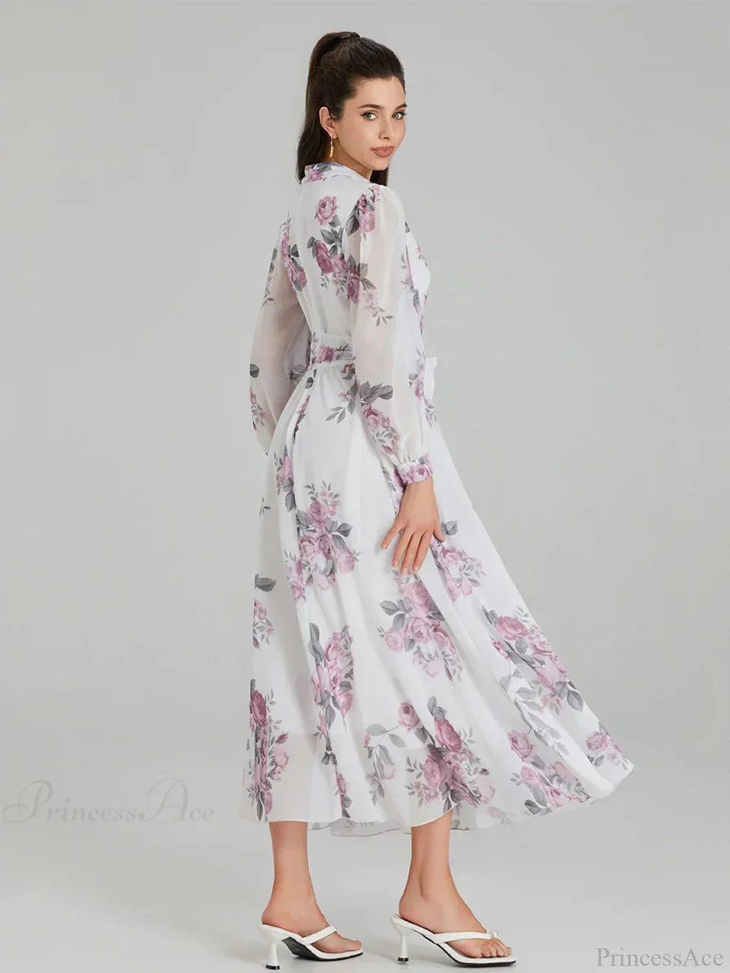 Elegant Floral Print Chiffon Long Lantern Sleeve Tie Waist Floral Dress