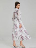 Elegant Floral Print Chiffon Long Lantern Sleeve Tie Waist Floral Dress