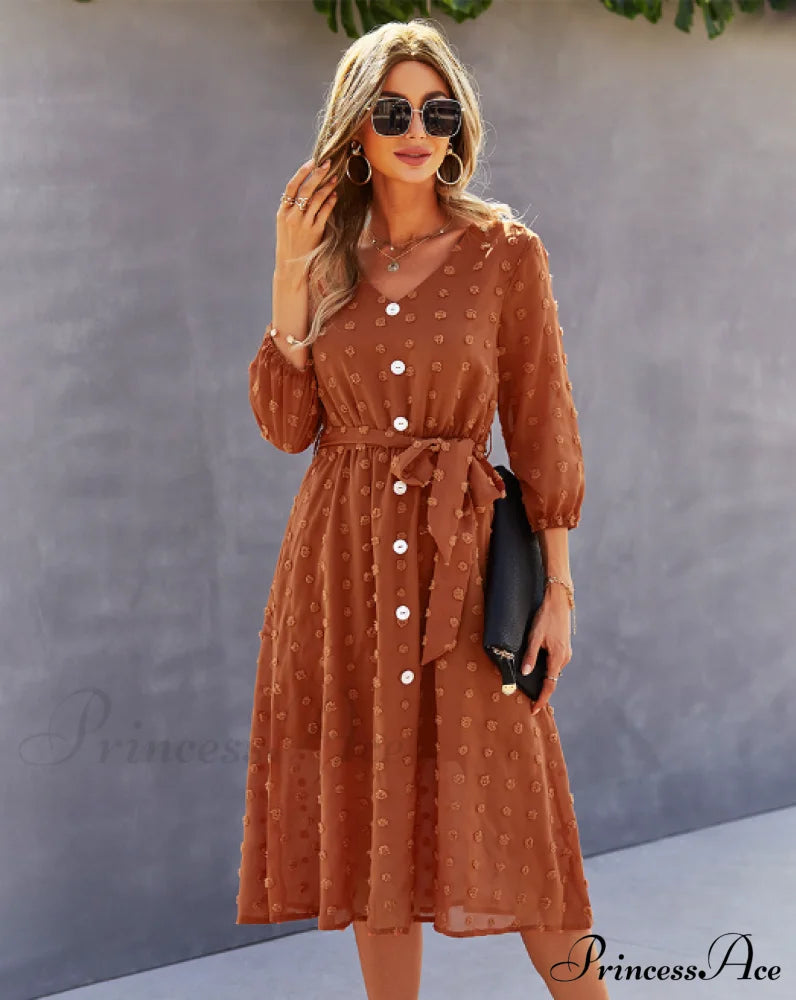 Elegant Half Sleeve Women's Casual V-neck Midi Dress with Buttons