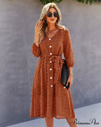 Elegant Half Sleeve Women's Casual V-neck Midi Dress with Buttons