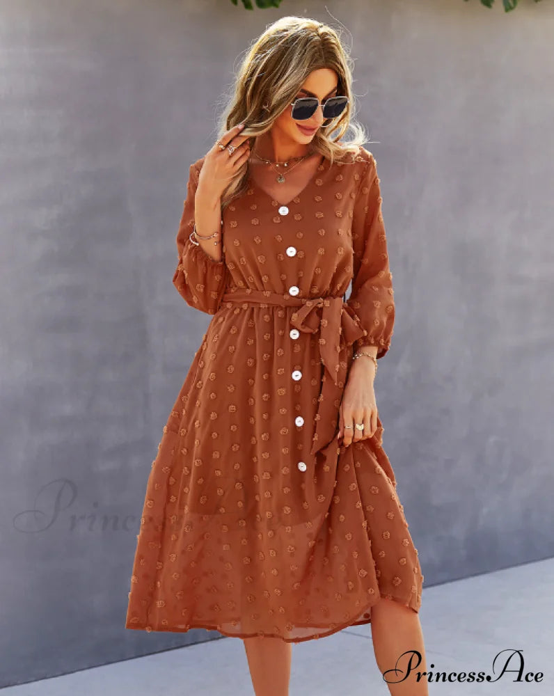 Elegant Half Sleeve Women's Casual V-neck Midi Dress with Buttons