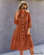 Elegant Half Sleeve Women's Casual V-neck Midi Dress with Buttons