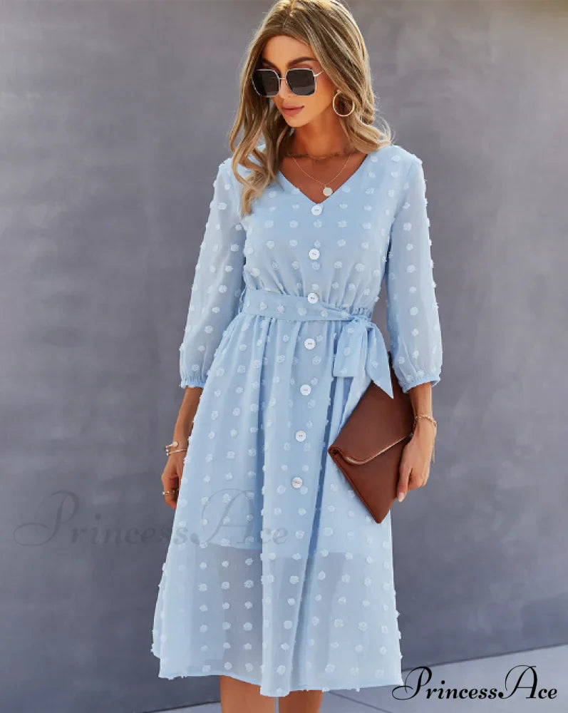 Elegant Half Sleeve Women's Casual V-neck Midi Dress with Buttons