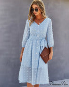 Elegant Half Sleeve Women's Casual V-neck Midi Dress with Buttons