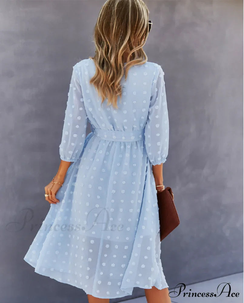 Elegant Half Sleeve Women's Casual V-neck Midi Dress with Buttons