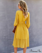 Elegant Half Sleeve Women's Casual V-neck Midi Dress with Buttons