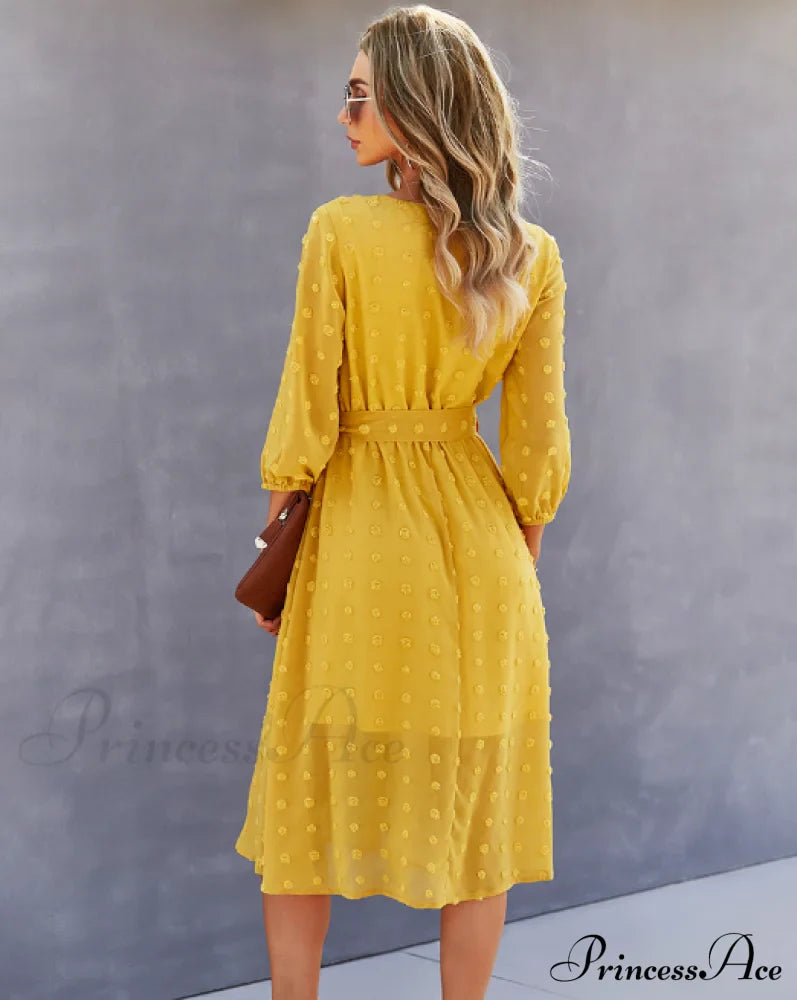 Elegant Half Sleeve Women's Casual V-neck Midi Dress with Buttons