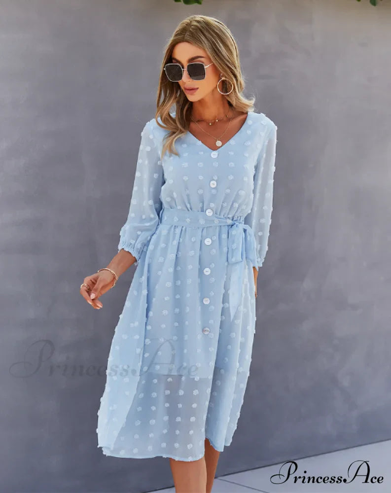 Elegant Half Sleeve Women's Casual V-neck Midi Dress with Buttons