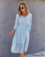 Elegant Half Sleeve Women's Casual V-neck Midi Dress with Buttons