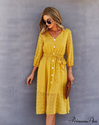 Elegant Half Sleeve Women's Casual V-neck Midi Dress with Buttons