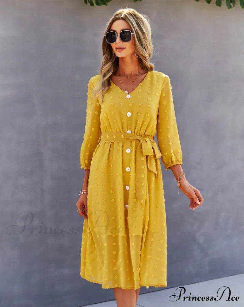 Elegant Half Sleeve Women's Casual V-neck Midi Dress with Buttons