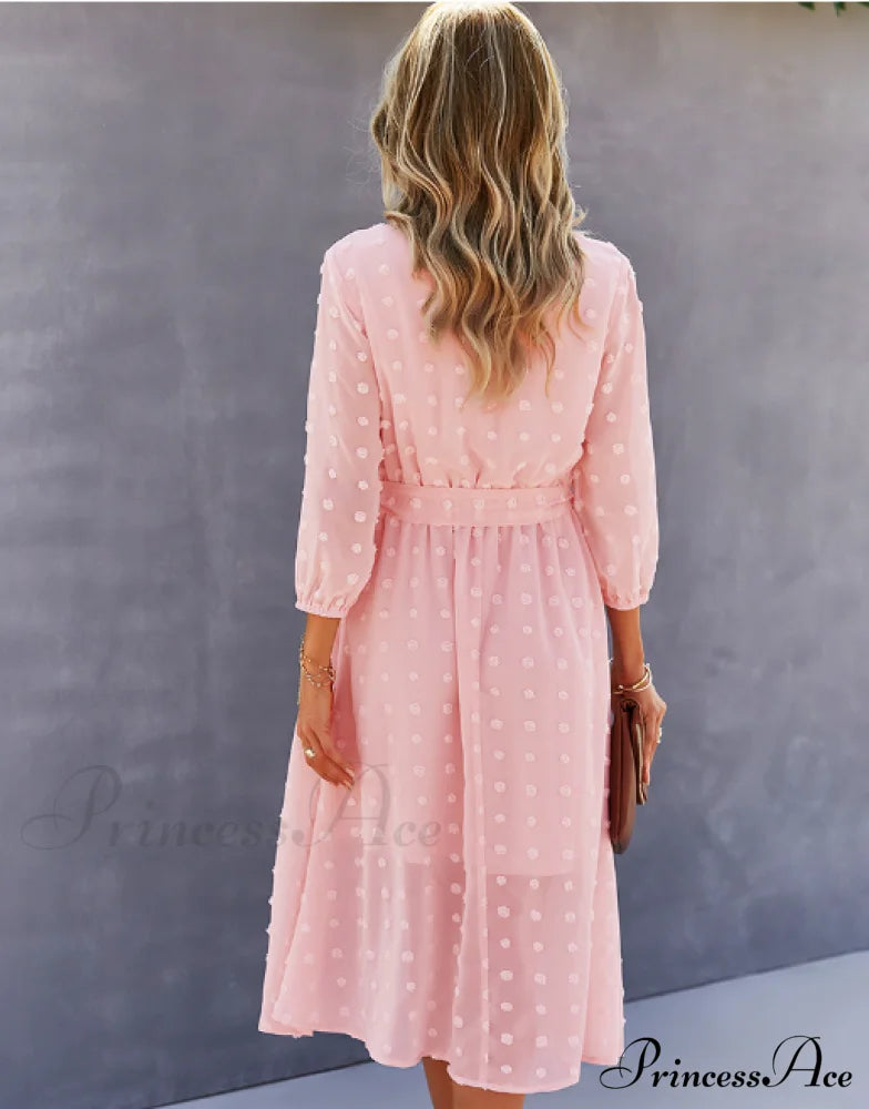 Elegant Half Sleeve Women's Casual V-neck Midi Dress with Buttons