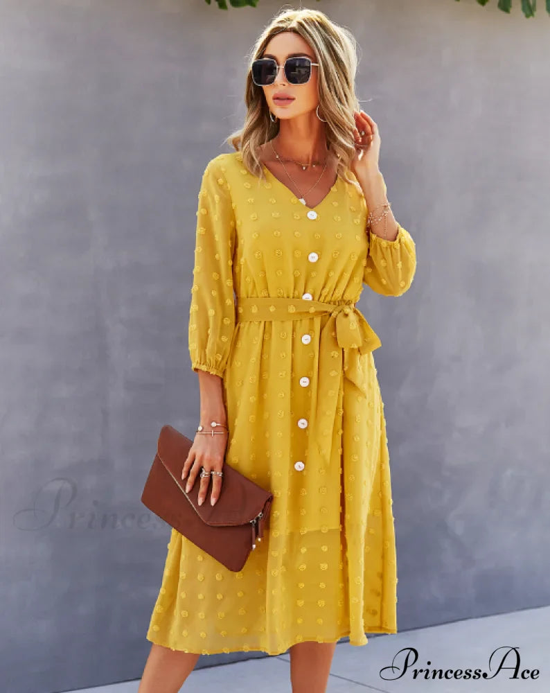 Elegant Half Sleeve Women's Casual V-neck Midi Dress with Buttons