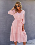 Elegant Half Sleeve Women's Casual V-neck Midi Dress with Buttons