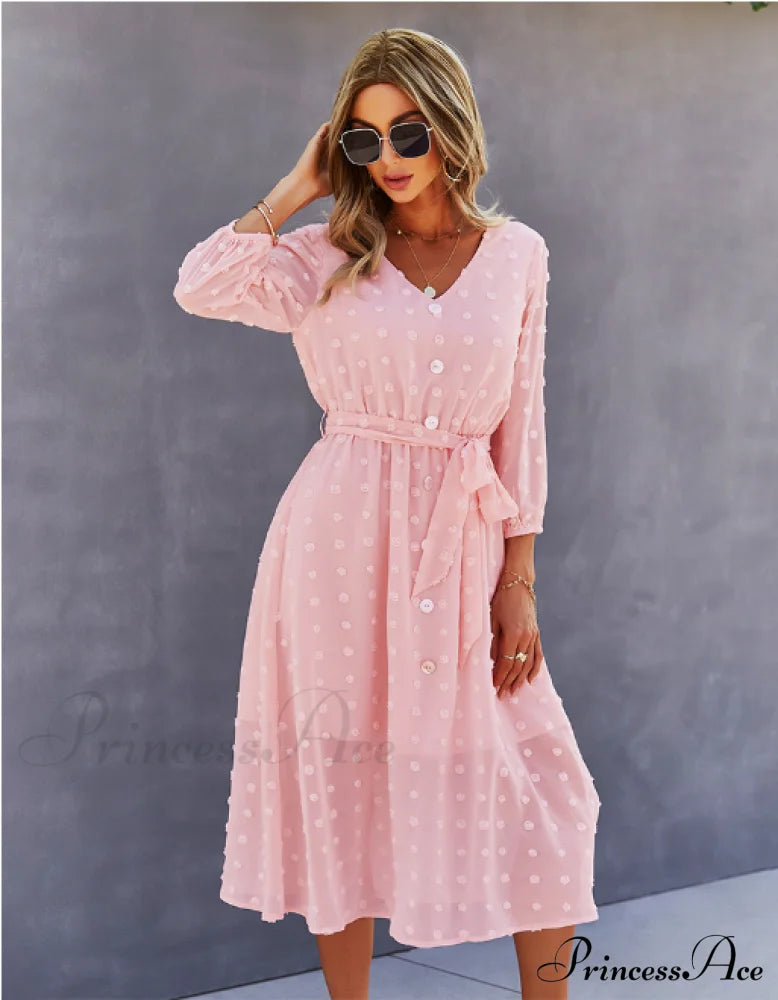 Elegant Half Sleeve Women's Casual V-neck Midi Dress with Buttons