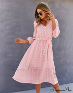 Elegant Half Sleeve Women's Casual V-neck Midi Dress with Buttons
