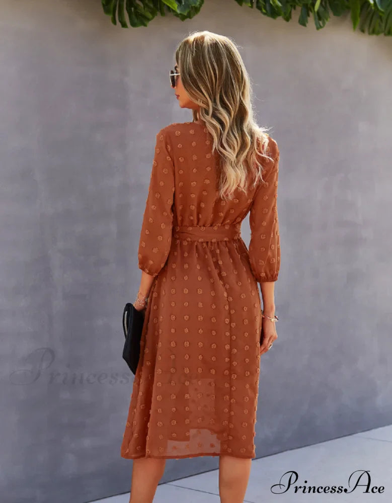 Elegant Half Sleeve Women's Casual V-neck Midi Dress with Buttons