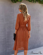 Elegant Half Sleeve Women's Casual V-neck Midi Dress with Buttons