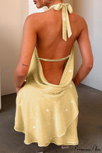 Elegant Halter Sequin Solid Color Short Party Dress