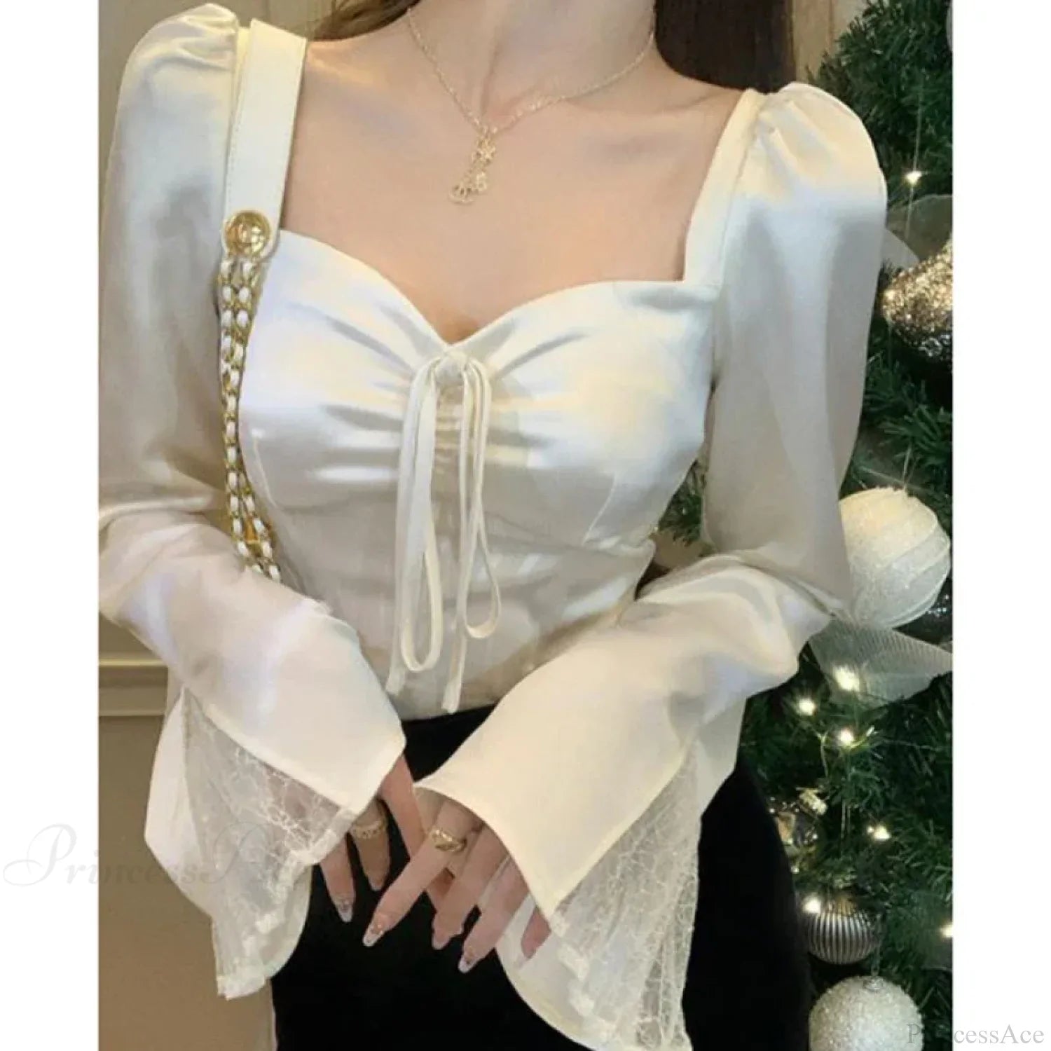 Elegant Lace Patchwork Flare Sleeve Sexy Slim Blouse