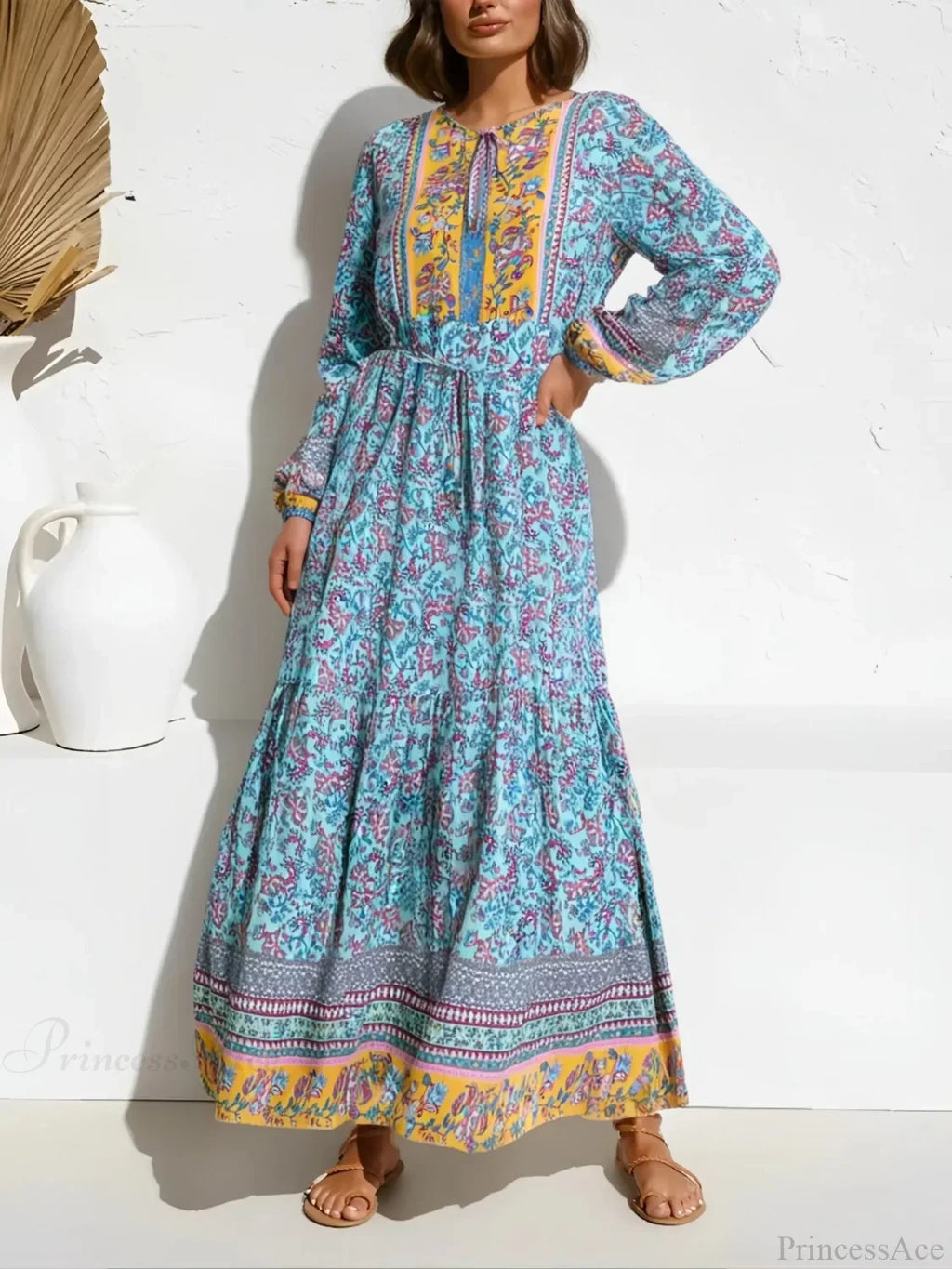 Elegant Lace-up Floral Print Boho Dress