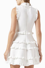 Elegant Layered Ruffle High Neck A Line Sleeveless Bandage Party Mini Dress - White