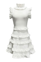 Elegant Layered Ruffle High Neck A Line Sleeveless Bandage Party Mini Dress - White