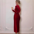Elegant Long Sleeve Party Evening Velvet Bodycon Split Pencil Midi Party Dress