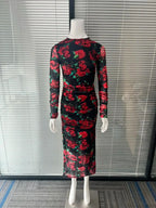 Elegant Long Sleeve Silk Flower Lace Up Red Party Dress