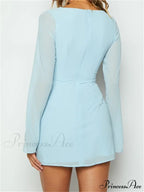 Elegant Long Sleeve Solid Casual Deep V Neck Mini Dress
