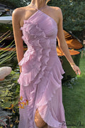 Elegant Neck Strap Ruffles Backless Floral Dress