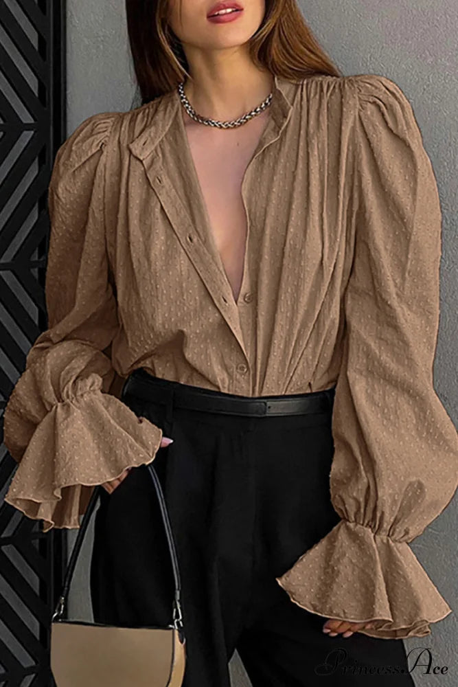 Elegant Neckline Mandarin - Flounce Blouse Solid 3 Color Options