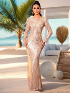 Elegant O Neck Long Sleeves Evening Prom Bodycon Dress Green Party Dress