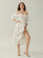 Elegant Off-Shoulder Party Half Sleeve Square Neck A-line Floral Dress