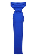 Elegant Off Shoulder Ruched Size Zip Split Evening Maxi Dress - Royal Blue