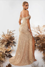 Elegant Off-The-Shoulder Sequin High Slit Fitted Evening Dress