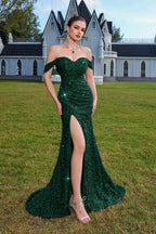 Elegant Off-The-Shoulder Sequin High Slit Fitted Evening Dress
