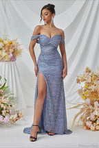 Elegant Off-The-Shoulder Sequin High Slit Fitted Evening Dress