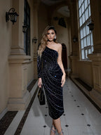 Elegant One-Shoulder Rhinestone Slimming Dress Prom Dress