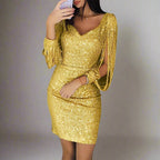 Samanta Timeless Women's Sequin V Neck Party Dress, Holiday Style Premium Wardrobe Essential