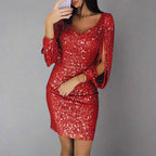 Samanta Timeless Women's Sequin V Neck Party Dress, Holiday Style Premium Wardrobe Essential