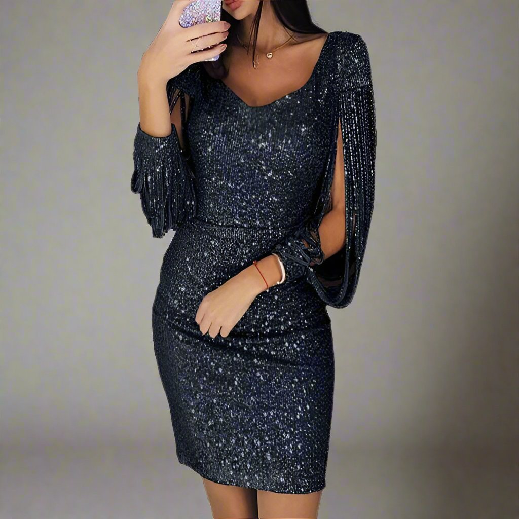 Samanta Timeless Women's Sequin V Neck Party Dress, Holiday Style Premium Wardrobe Essential