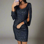 Samanta Timeless Women's Sequin V Neck Party Dress, Holiday Style Premium Wardrobe Essential