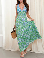 Elegant Patch Color Floral Flowy Backless V-neck Tank Beach Floral Dress
