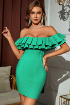 Elegant Pleated Ruffle Off The Shoulder Bodycon Bandage Party Mini Dress - Green
