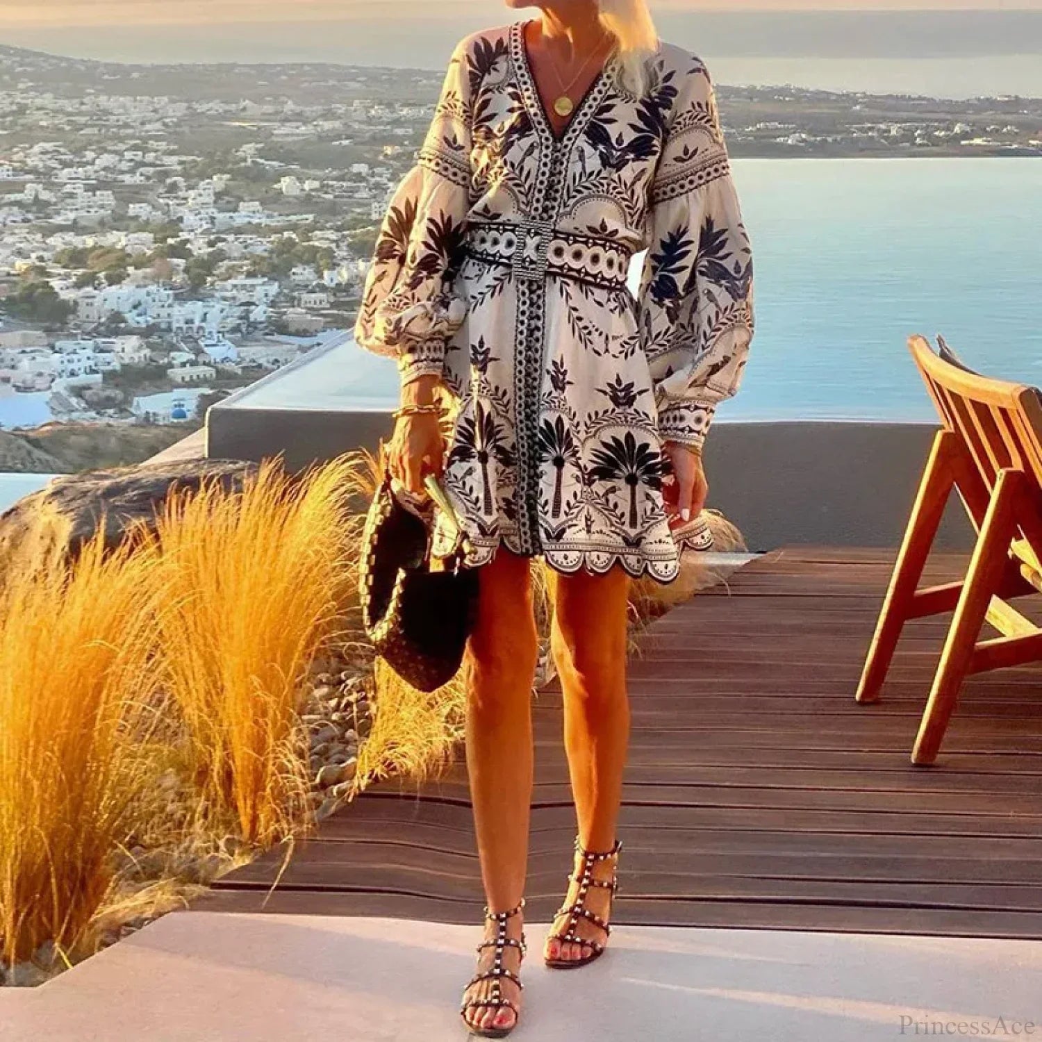 Elegant Print V-neck A-line Boho Dress