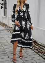 Elegant Printed V-neck A-line Boho Dress