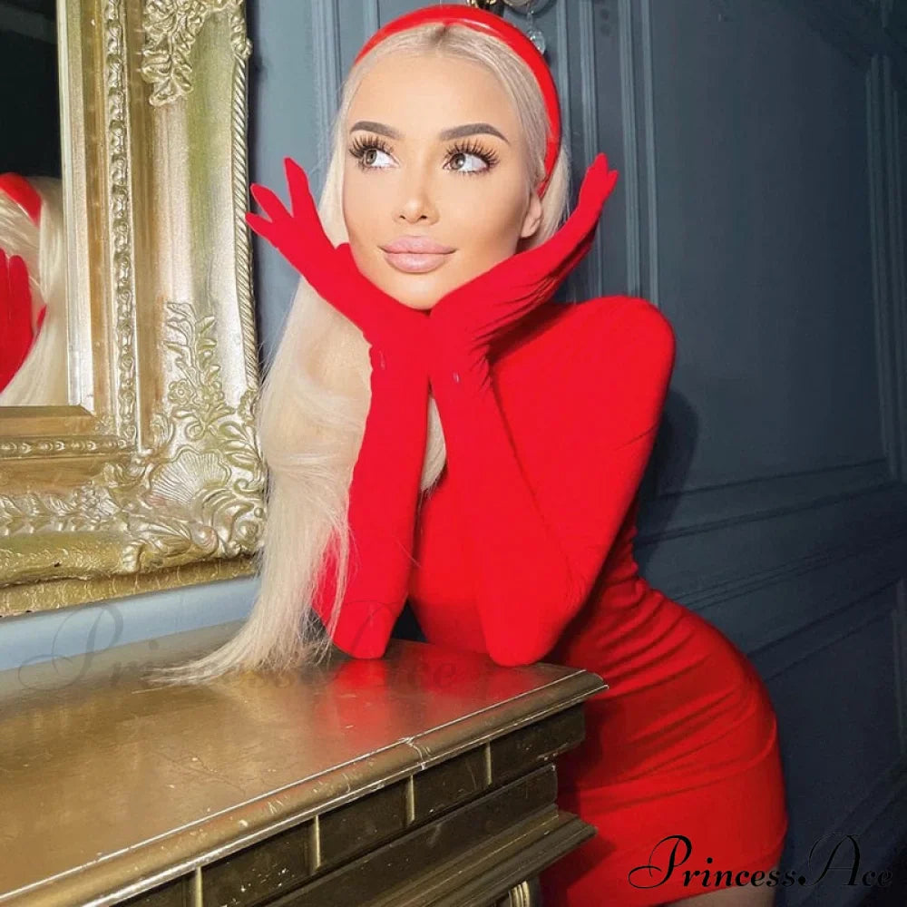 Elegant Red Long Sleeve Gloves Bodycon Dresses
